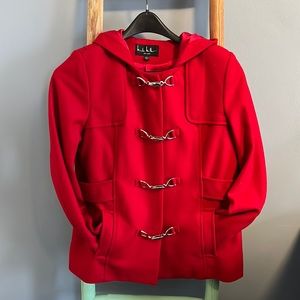 Thick red hooded wool/polyester coat